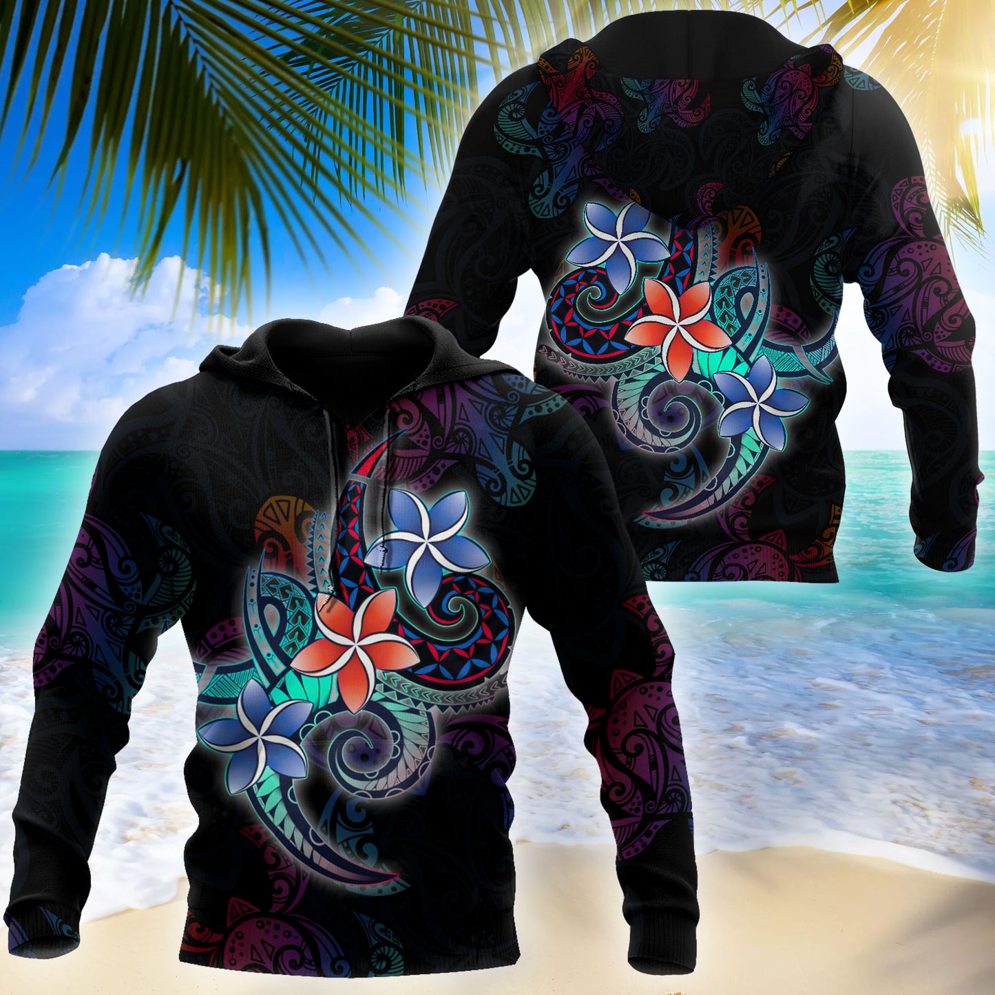 Amazing Polynesian Plumeria Flower And Turtle Tattoo Unisex Deluxe Hoodie ML