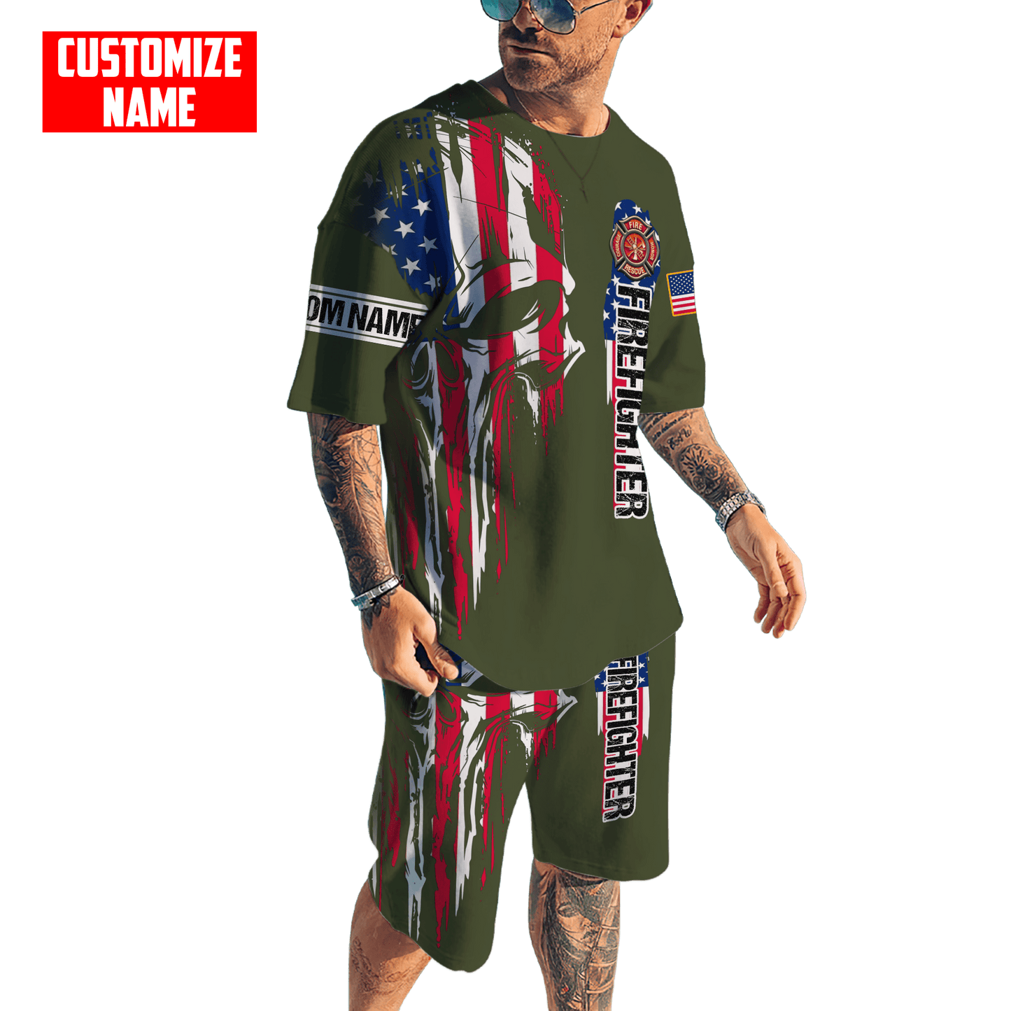 Customize Name Firefighter Combo T-Shirt And Board Short