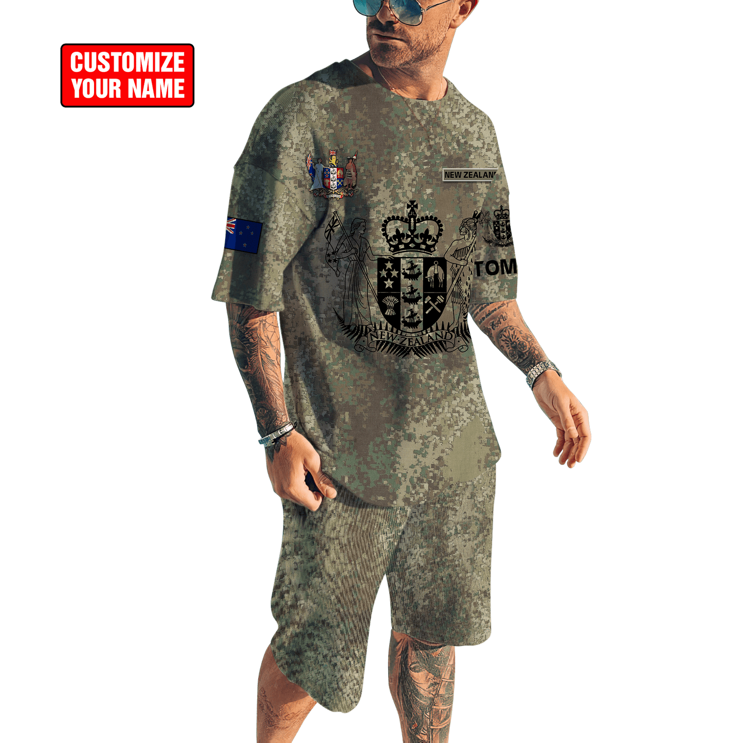 Custom Name New Zealand Aotearoa Coat Of Arm Army 3D All Over Printed Combo T-Shirt BoardShorts