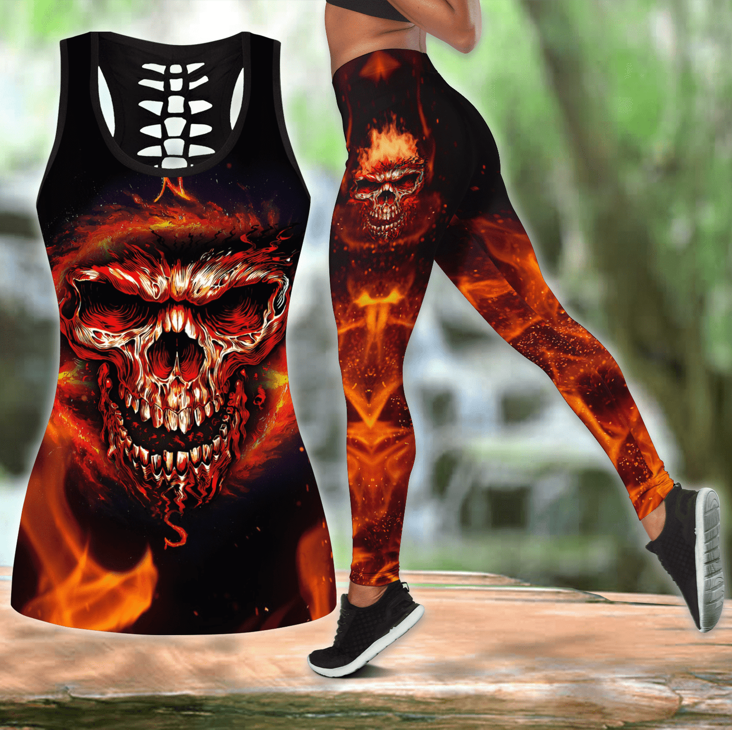Skull Combo Hollow Tank Top And Legging Outfit