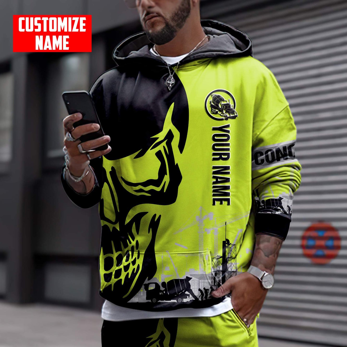 Concrete Finisher Site Skull Green Safety Custom name 3D Printed Shirts