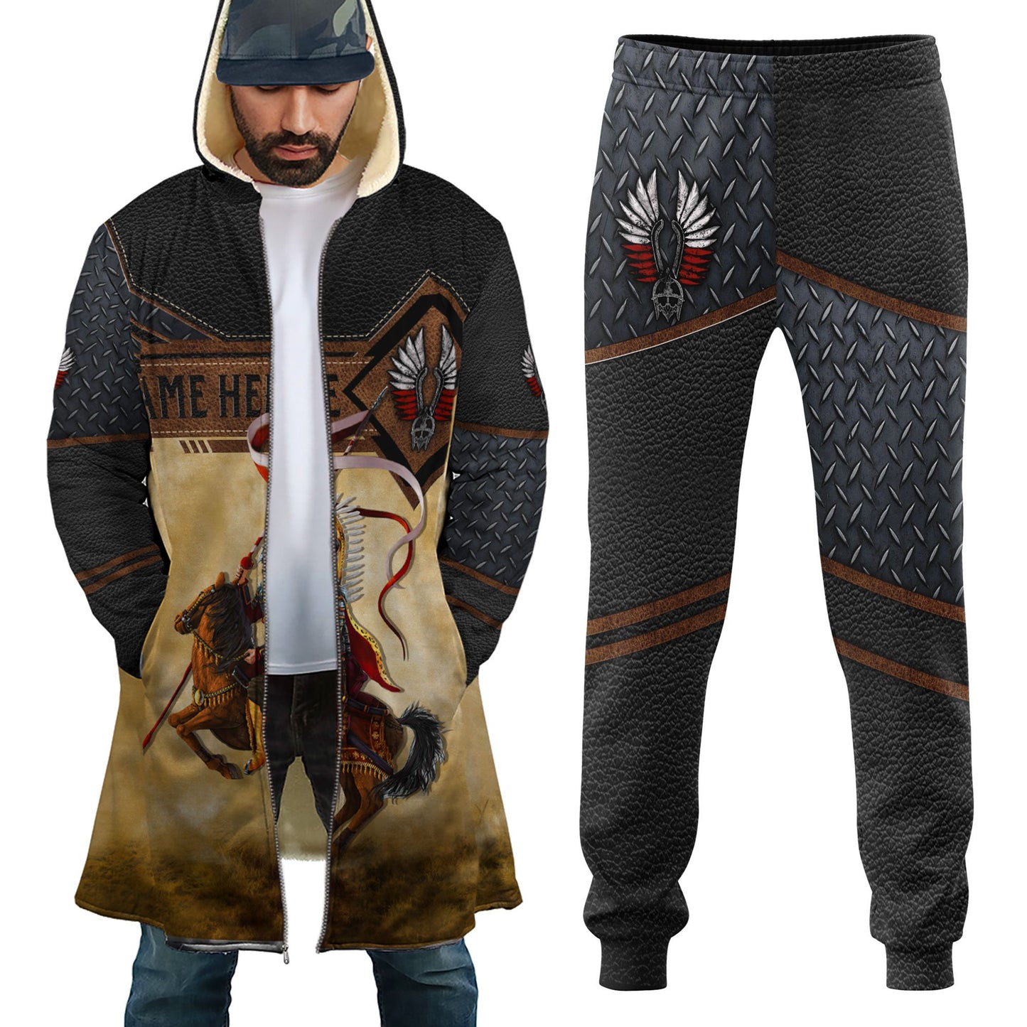 Premium Winged Hussars Metal Pattern Custom name Combo Zip Cloak Sweatpant For Winter