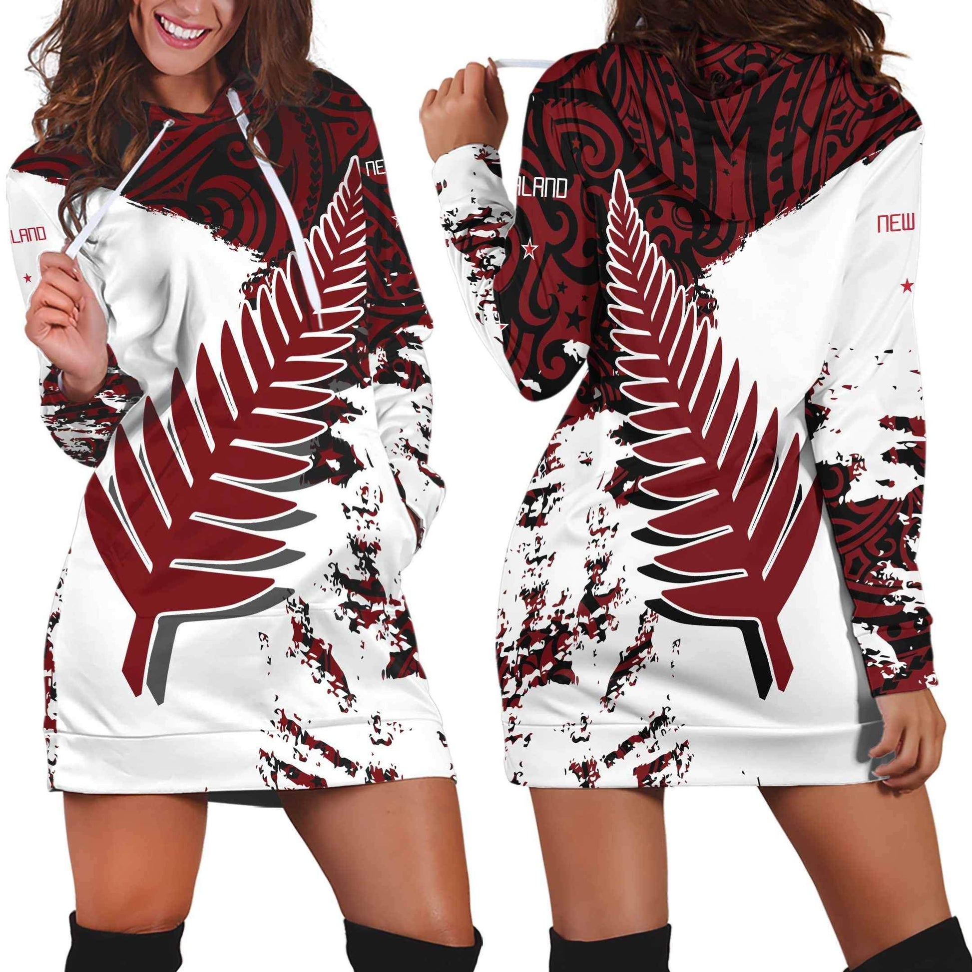 New Zealand Maori Fern Red Edition Hoodie Dress HC-Apparel-Huyencass-Hoodie Dress-S-Vibe Cosy™