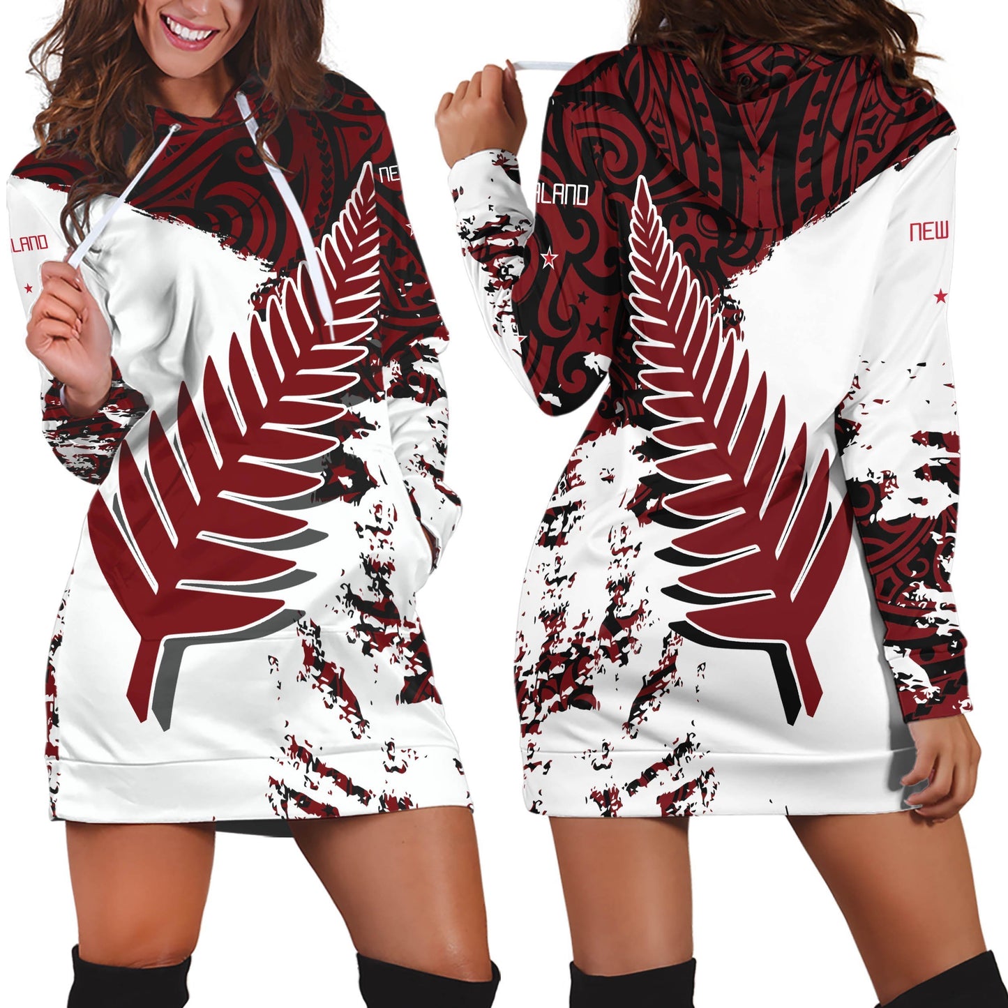 New Zealand Maori Fern Red Edition Hoodie Dress A0-Apparel-HD09-Hoodie Dress-S-Vibe Cosy™