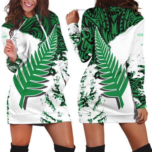 New Zealand Maori Fern Green Edition Hoodie Dress-Apparel-HD09-Hoodie Dress-S-Vibe Cosy™