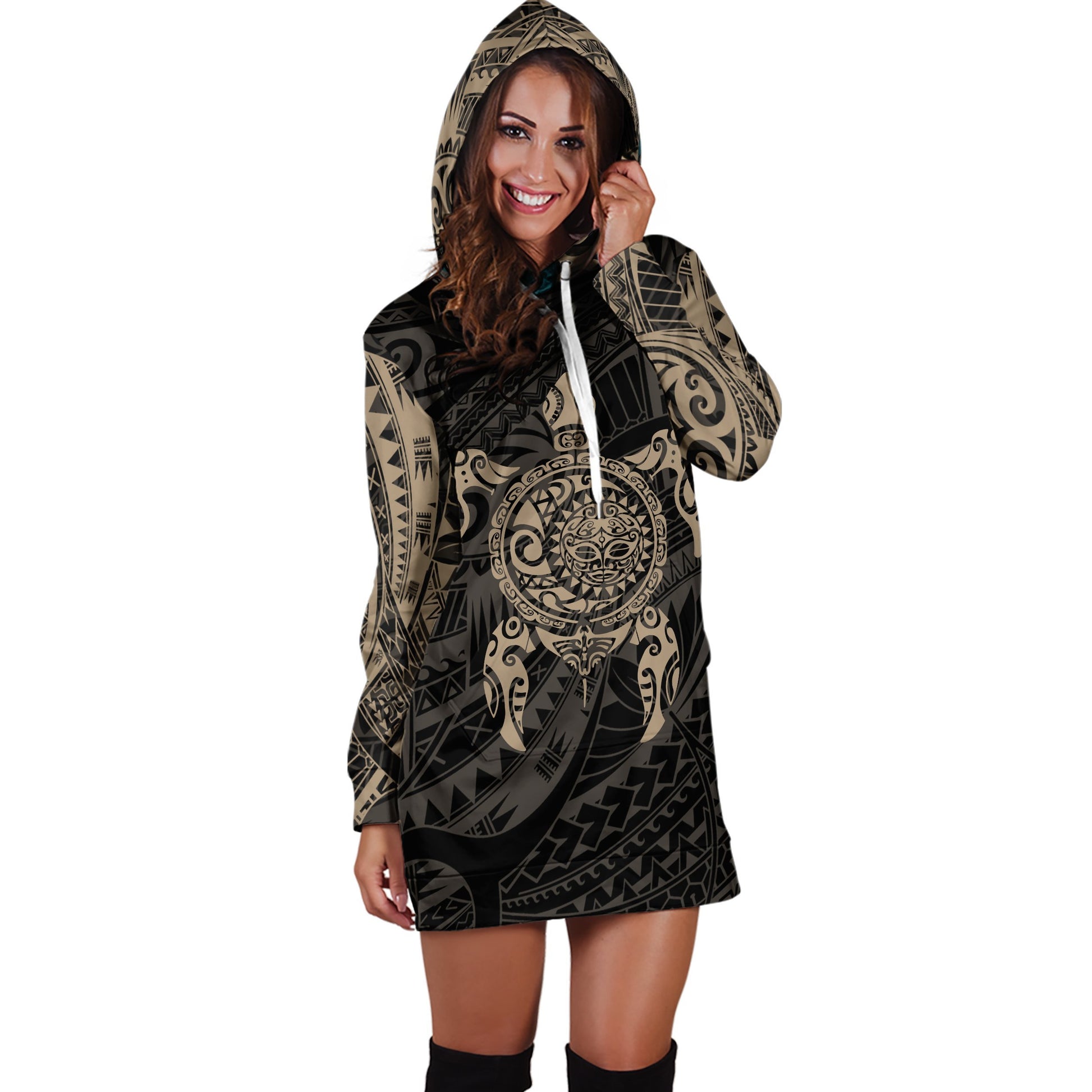 3D All Over Turtle Maori Tattoo Hoodie Dress Gold-Apparel-HD09-Hoodie Dress-S-Vibe Cosy™