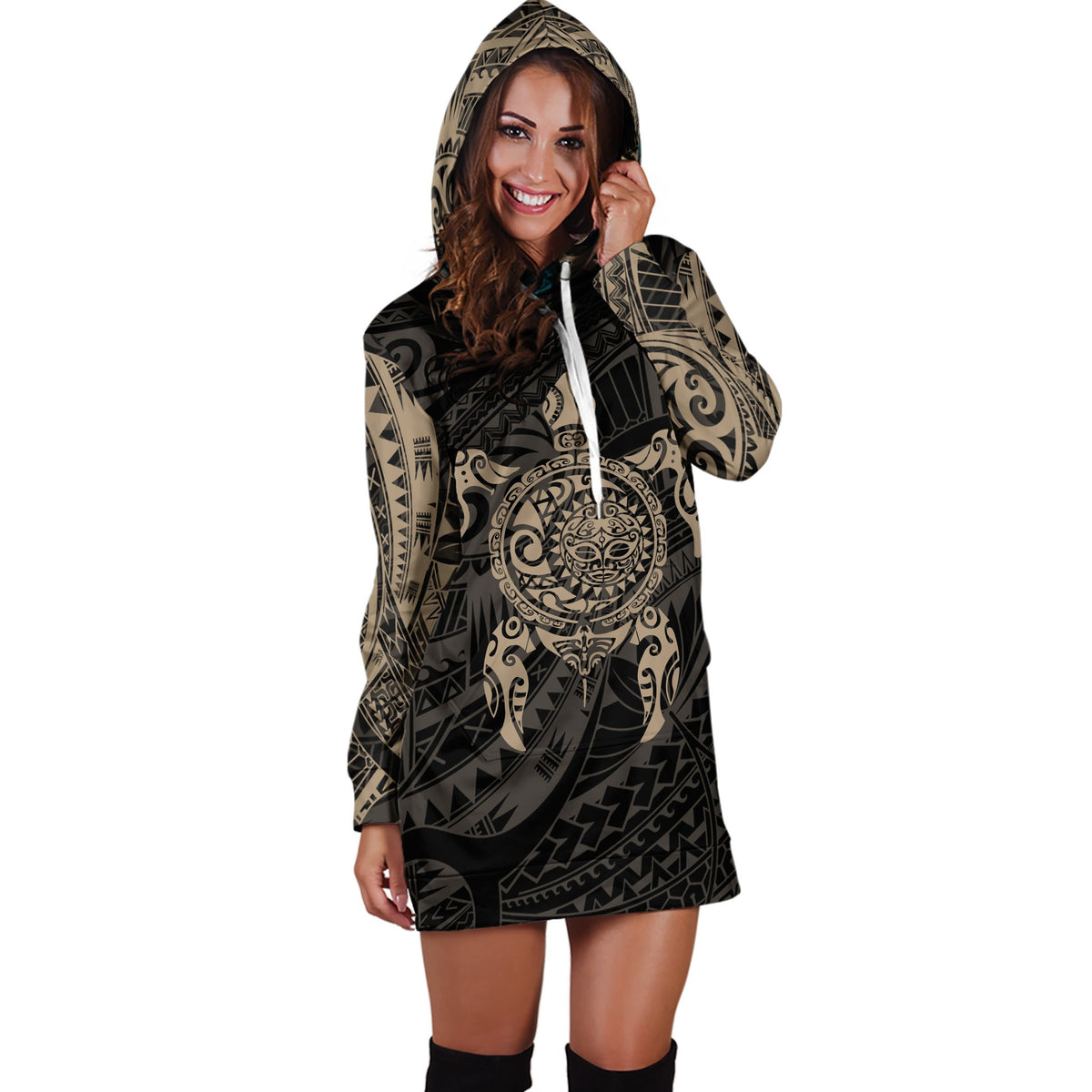 Turtle Maori Tattoo All Over Hoodie Dress Yellow-Apparel-HD09-Hoodie Dress-S-Vibe Cosy™