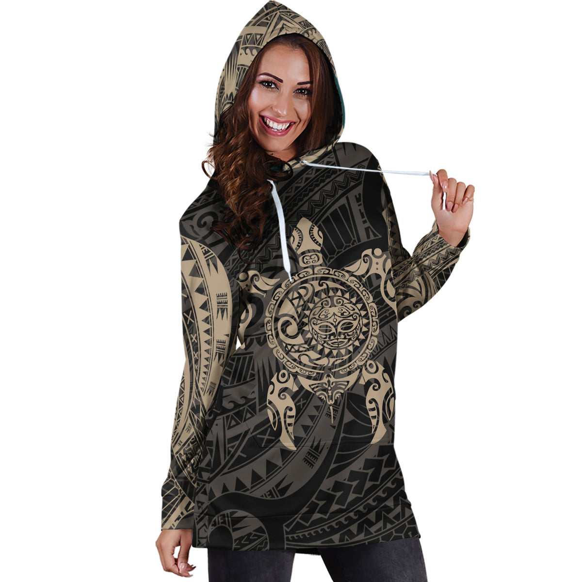 Turtle Maori Tattoo All Over Hoodie Dress Yellow-Apparel-HD09-Hoodie Dress-S-Vibe Cosy™