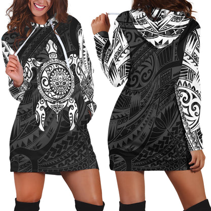 Turtle Maori Tattoo All Over Hoodie Dress White-Apparel-HD09-Hoodie Dress-S-Vibe Cosy™