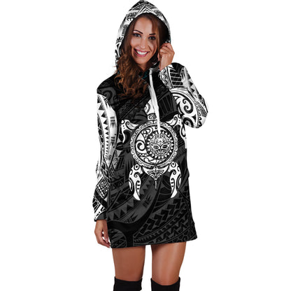 Turtle Maori Tattoo All Over Hoodie Dress White-Apparel-HD09-Hoodie Dress-S-Vibe Cosy™