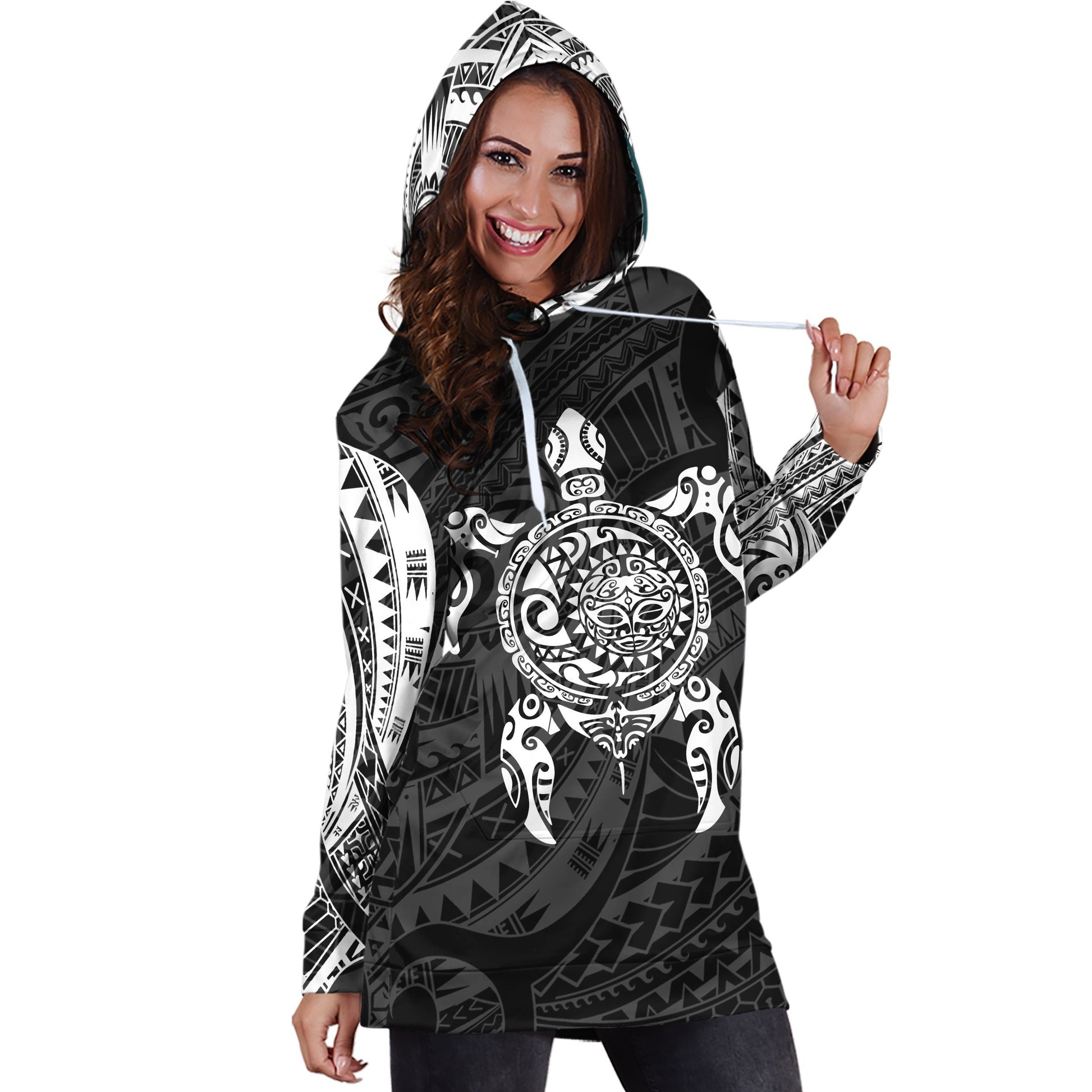Turtle Maori Tattoo All Over Hoodie Dress White-Apparel-HD09-Hoodie Dress-S-Vibe Cosy™