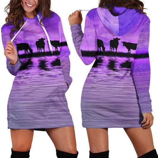 Sunset and Cow Violet Backgroud Hoodie Dress-Apparel-HD09-Hoodie Dress-S-Vibe Cosy™
