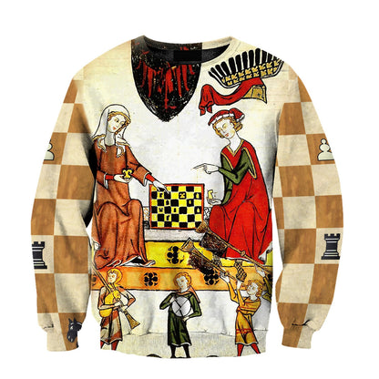 3D All Over Printed  MEDIEVAL CHESS PLAYERS IN COURT WITH RED WILD ROSES Chess Lovers- Chess Unisex Shirts  TR19022101 XT