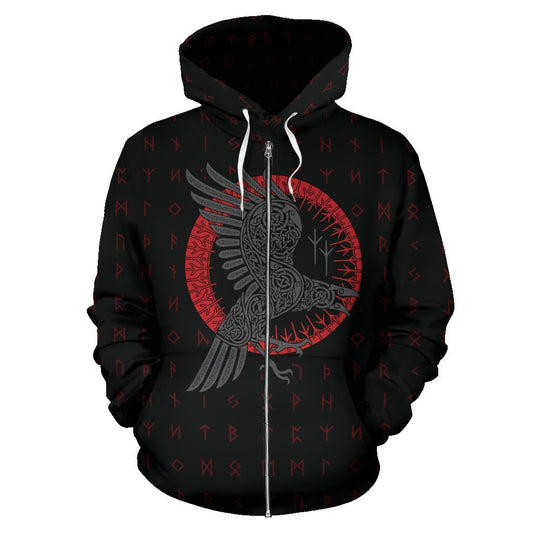 Viking Odin's Raven Old Runes Style Zip-Up Hoodie A7-ALL OVER PRINT ZIP HOODIES (P)-HP Arts-Zip-Up Hoodie-S-Black and Red-Vibe Cosy™
