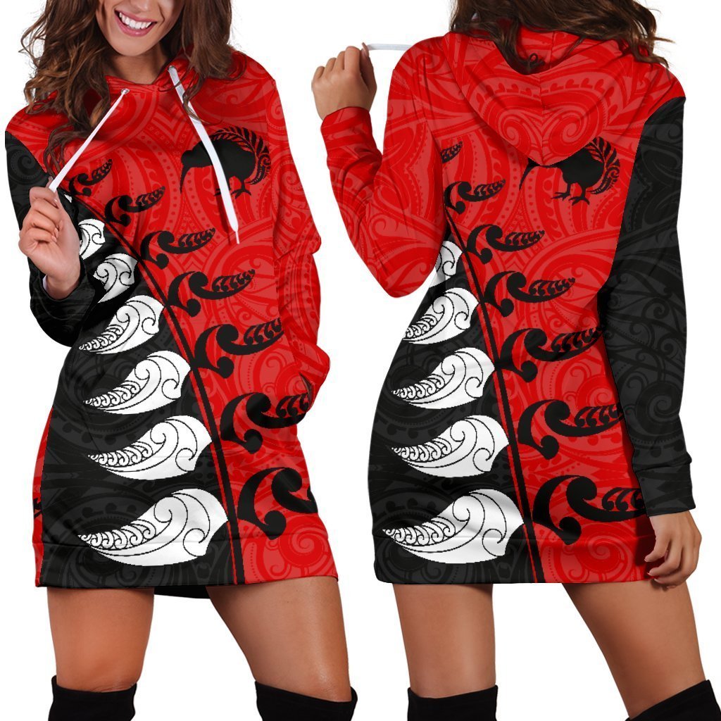 Aotearoa Silver Fern Koru Style Hoodie Dress Red K4-Apparel-HD09-Hoodie Dress-S-Vibe Cosy™
