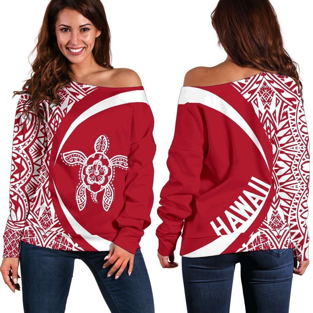 Hawaii Turtle Polynesian Women's Off Shoulder Sweater - Circle Style - AH - Red J9-WOMENS OFF SHOULDER SWEATERS-Phaethon-Women's Off Shoulder Sweater-2XS-White-Vibe Cosy™