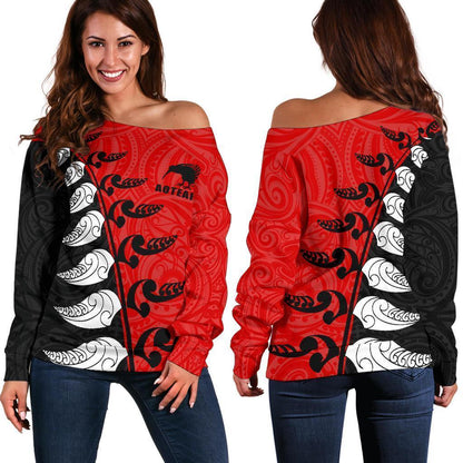 Aotearoa Silver Fern Koru Style Off Shoulder Sweater Red K4-WOMENS OFF SHOULDER SWEATERS-HD09-Women's Off Shoulder Sweater - .-2XS-Vibe Cosy™