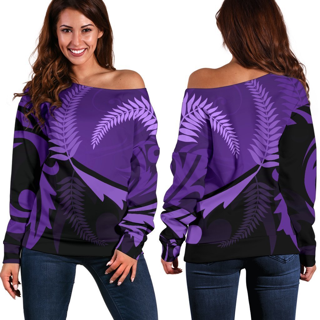 New Zealand Silver Fern Off Shoulder Sweater Purple-WOMENS OFF SHOULDER SWEATERS-HD09-Women's Off Shoulder Sweater - .-2XS-Vibe Cosy™