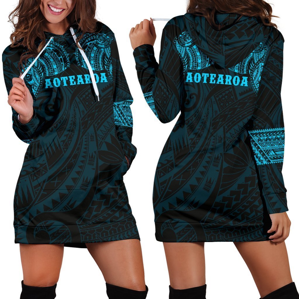 Aotearoa Maori Tattoo Hoodie Dress Blue K4-Apparel-HD09-Hoodie Dress-S-Vibe Cosy™