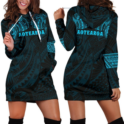 Aotearoa Maori Tattoo Hoodie Dress Blue K4-Apparel-HD09-Hoodie Dress-S-Vibe Cosy™