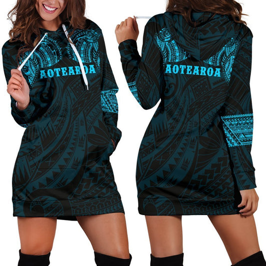 Aotearoa Maori Tattoo Hoodie Dress Blue K4-Apparel-HD09-Hoodie Dress-S-Vibe Cosy™