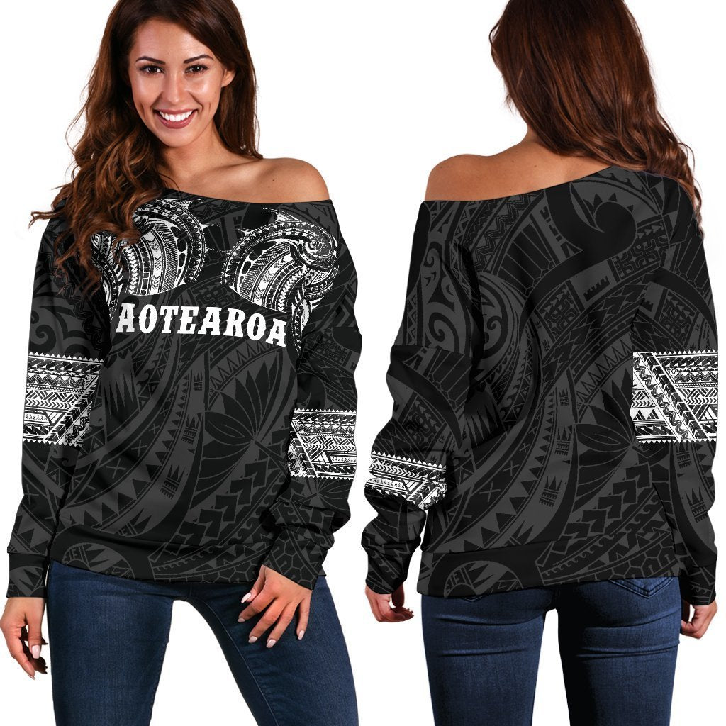 Aotearoa Maori Tattoo Off Shoulder Sweater White K4-WOMENS OFF SHOULDER SWEATERS-HD09-Women's Off Shoulder Sweater - .-2XS-Vibe Cosy™