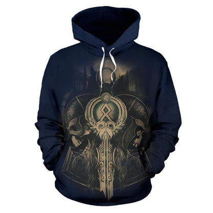 Norse Vikings - Valhalla Viking Skull Hoodie Blue-Apparel-HP Arts-Hoodie-S-Vibe Cosy™