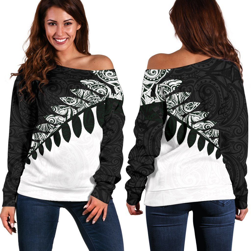 New Zealand Silver Fern Off Shoulder Sweater Black White K4-WOMENS OFF SHOULDER SWEATERS-HD09-Women's Off Shoulder Sweater - .-2XS-Vibe Cosy™