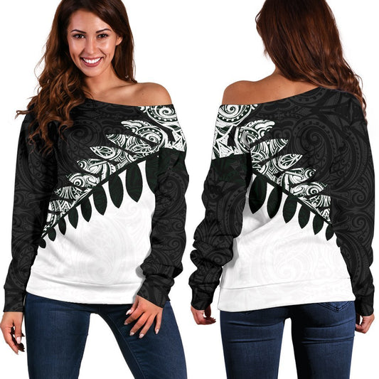 New Zealand Silver Fern Off Shoulder Sweater Black White K4-WOMENS OFF SHOULDER SWEATERS-HD09-Women's Off Shoulder Sweater - .-2XS-Vibe Cosy™