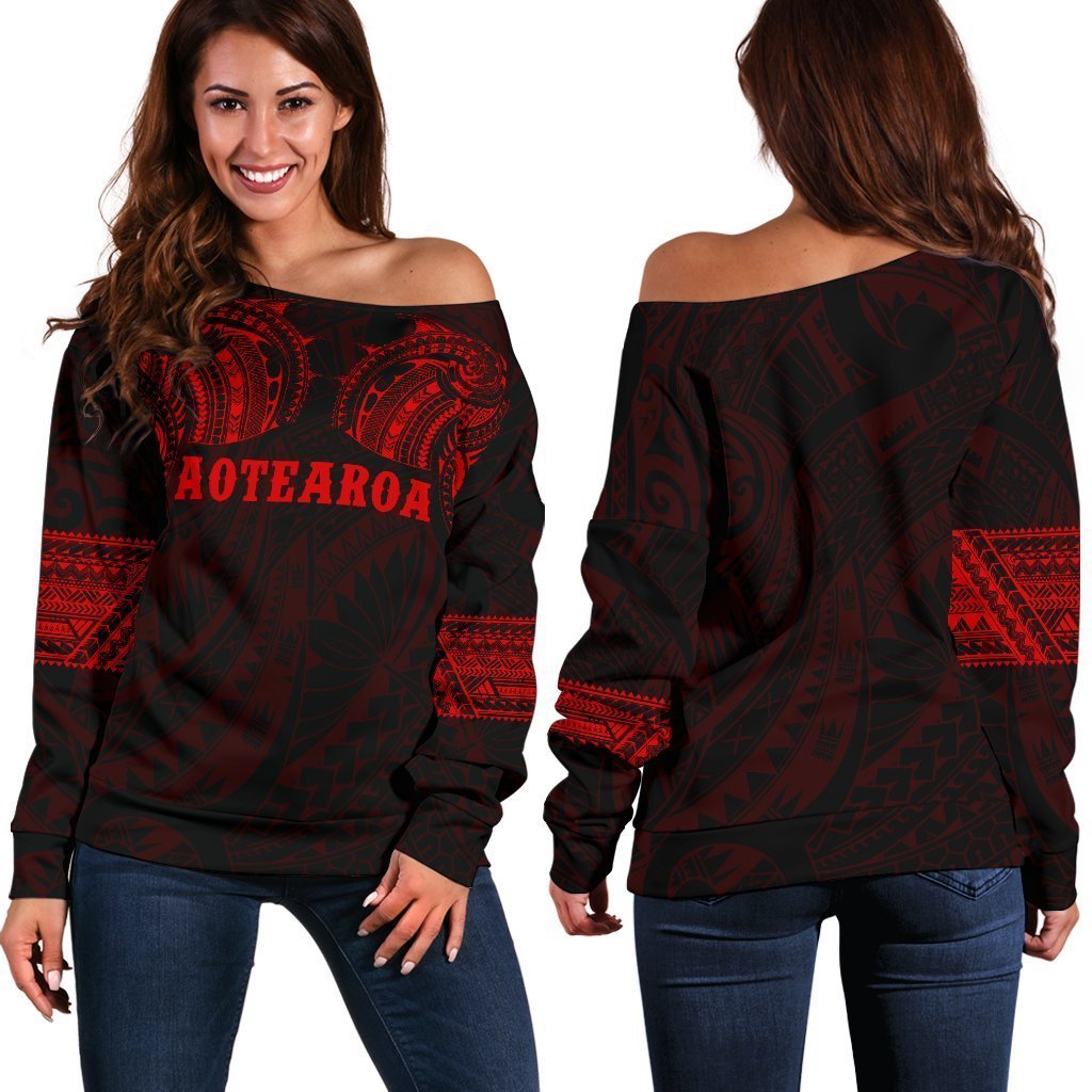 Aotearoa Maori Tattoo Off Shoulder Sweater Red K4-WOMENS OFF SHOULDER SWEATERS-HD09-Women's Off Shoulder Sweater - .-2XS-Vibe Cosy™