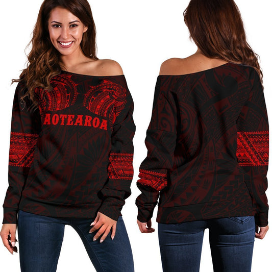 Aotearoa Maori Tattoo Off Shoulder Sweater Red K4-WOMENS OFF SHOULDER SWEATERS-HD09-Women's Off Shoulder Sweater - .-2XS-Vibe Cosy™