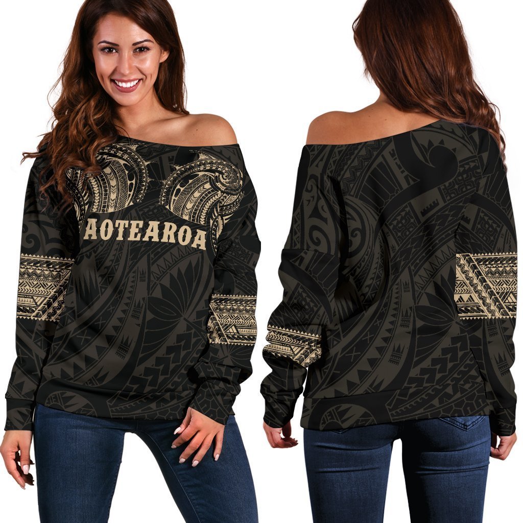 Aotearoa Maori Tattoo Off Shoulder Sweater Gold K4-WOMENS OFF SHOULDER SWEATERS-HD09-Women's Off Shoulder Sweater - .-2XS-Vibe Cosy™