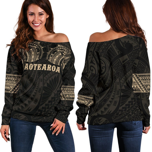 Aotearoa Maori Tattoo Off Shoulder Sweater Gold K4-WOMENS OFF SHOULDER SWEATERS-HD09-Women's Off Shoulder Sweater - .-2XS-Vibe Cosy™