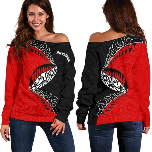 Aotearoa Rugby Fern Off Shoulder Sweater Red K4-WOMENS OFF SHOULDER SWEATERS-HD09-Women's Off Shoulder Sweater - .-2XS-Vibe Cosy™