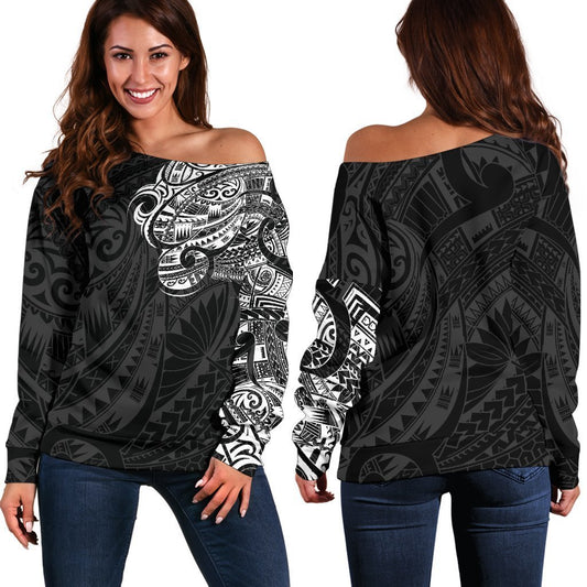 Maori Tattoo Style Off Shoulder Sweater - Golden Version A74-WOMENS OFF SHOULDER SWEATERS-HD09-Women's Off Shoulder Sweater - .-2XS-Vibe Cosy™