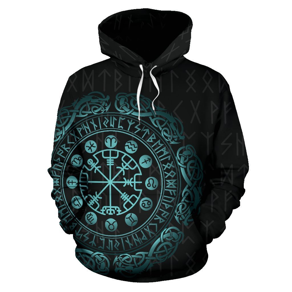 Viking Hoodie - Mighty Odin And The Compass Of Element Hoodie TH7-ALL OVER PRINT HOODIES (P)-HP Arts-Hoodie - Black & Blue-S-Black & Blue-Vibe Cosy™