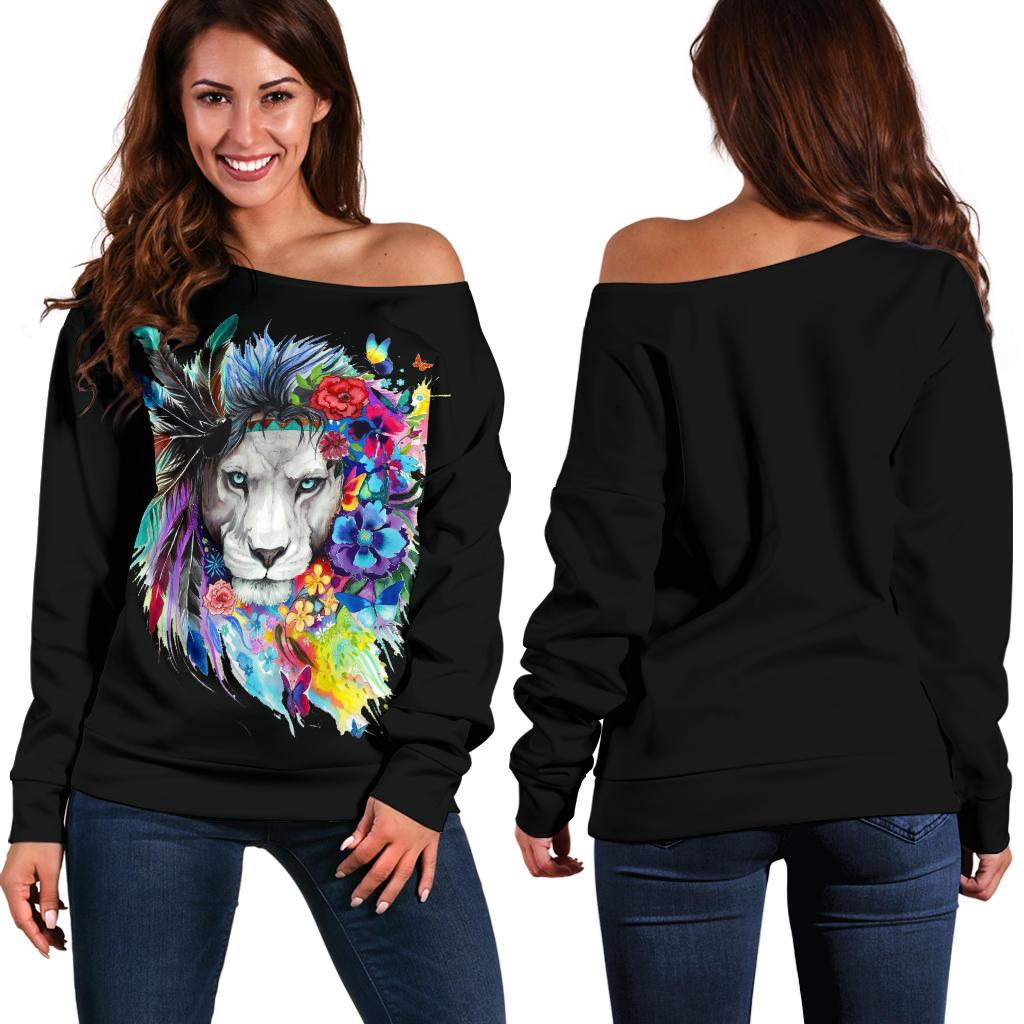 Floral Feather Lion (Black) - Women's Off Shoulder Sweater-Amaze Style™-Women's Off Shoulder Sweater - Floral Feather Lion (Black) - Women's Off Shoulder Sweater-2XS-Vibe Cosy™