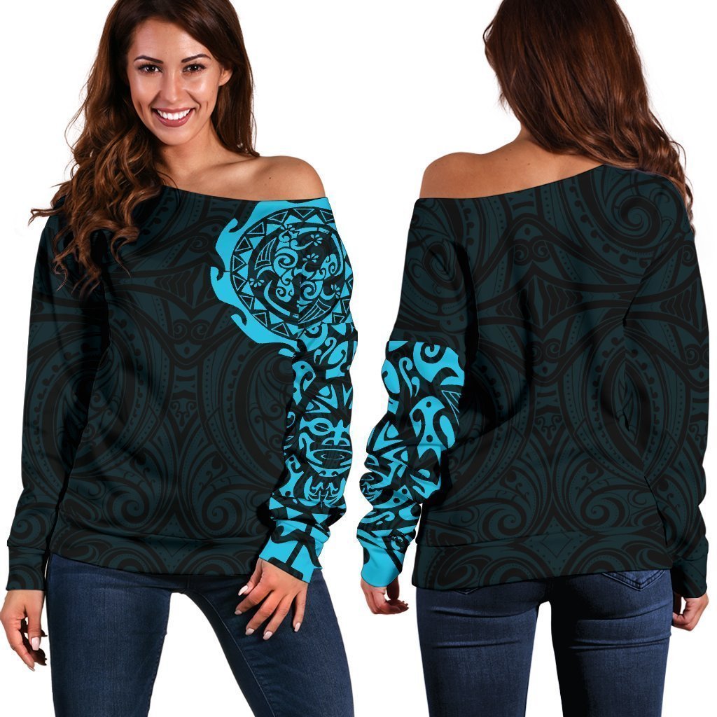 Maori Tangaroa New Zealand Off Shoulder Sweater - Blue A7-WOMENS OFF SHOULDER SWEATERS-HD09-Women's Off Shoulder Sweater - .-2XS-Vibe Cosy™