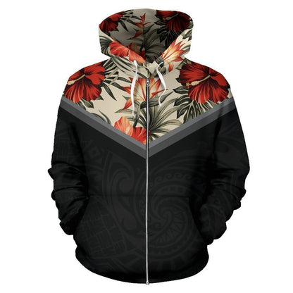 Hawaii Vintage Pattern Hoodie Red Hibiscus - AH - J9-ALL OVER PRINT ZIP HOODIES (P)-Phaethon-Zip-Up Hoodie-S-Vibe Cosy™