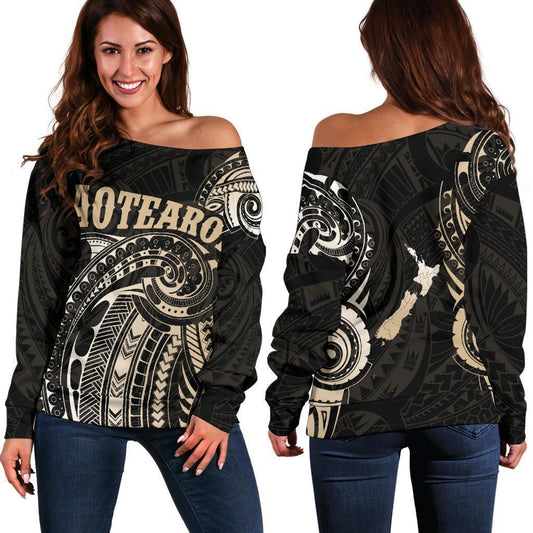 Maori Tattoo with Map New Zealand Off Shoulder Sweater K4-WOMENS OFF SHOULDER SWEATERS-HD09-Women's Off Shoulder Sweater - .-2XS-Vibe Cosy™