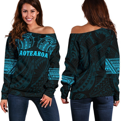 Aotearoa Maori Tattoo Off Shoulder Sweater Blue K4-WOMENS OFF SHOULDER SWEATERS-HD09-Women's Off Shoulder Sweater - .-2XS-Vibe Cosy™