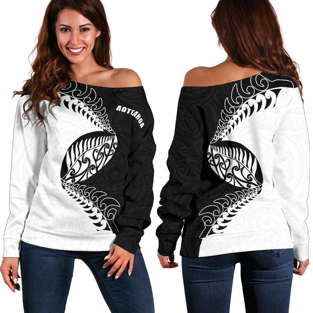 Aotearoa Rugby Fern Off Shoulder Sweater Black White K4-WOMENS OFF SHOULDER SWEATERS-HD09-Women's Off Shoulder Sweater - .-2XS-Vibe Cosy™