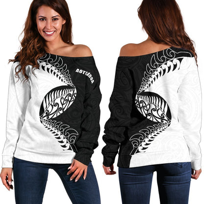 Aotearoa Rugby Fern Off Shoulder Sweater Black White K4-WOMENS OFF SHOULDER SWEATERS-HD09-Women's Off Shoulder Sweater - .-2XS-Vibe Cosy™