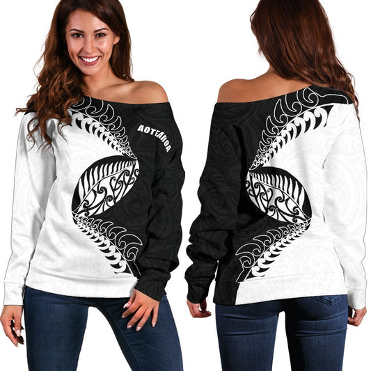 Aotearoa Rugby Fern Off Shoulder Sweater Black White K4-WOMENS OFF SHOULDER SWEATERS-HD09-Women's Off Shoulder Sweater - .-2XS-Vibe Cosy™