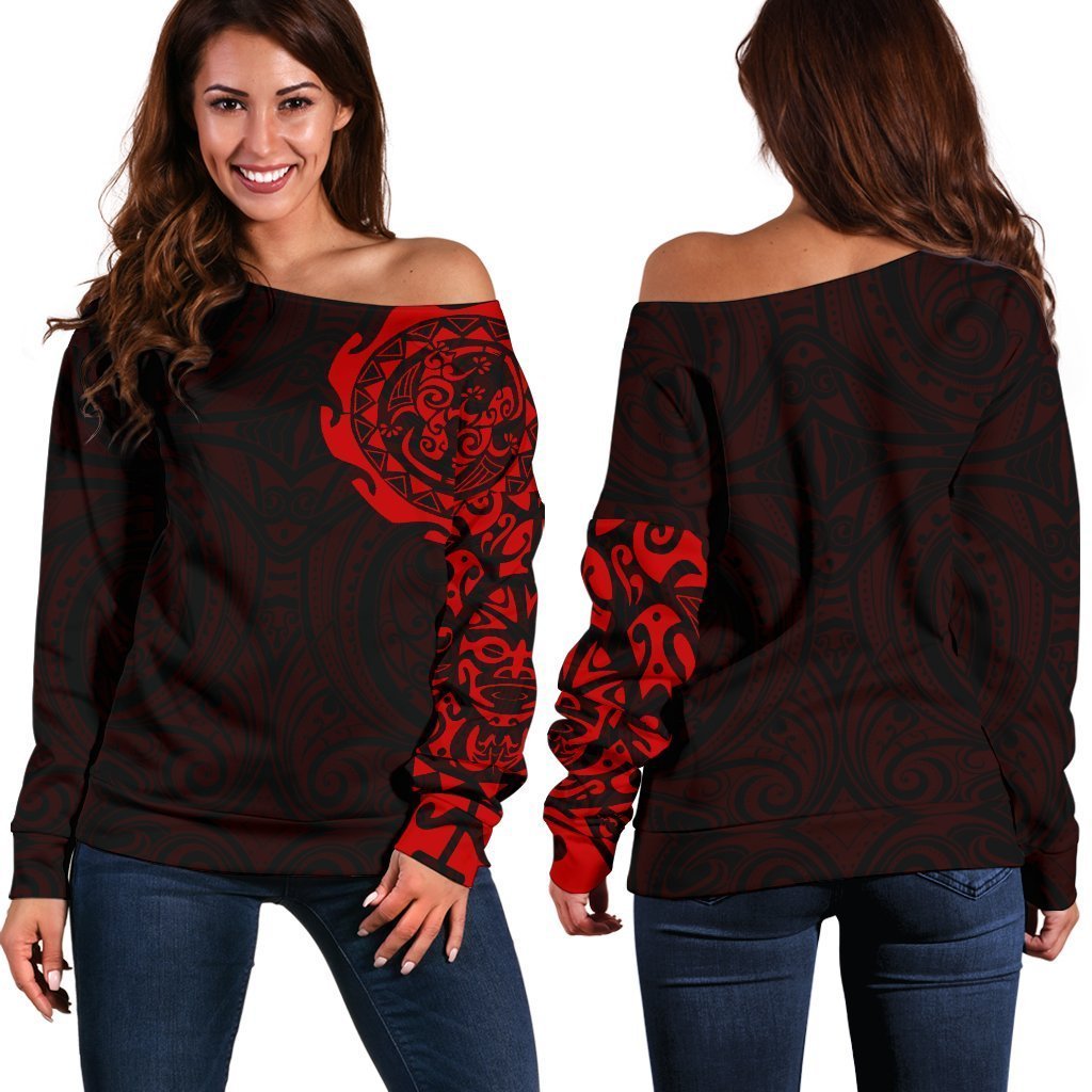 Maori Tangaroa New Zealand Off Shoulder Sweater - Red A7-WOMENS OFF SHOULDER SWEATERS-HD09-Women's Off Shoulder Sweater - .-2XS-Vibe Cosy™
