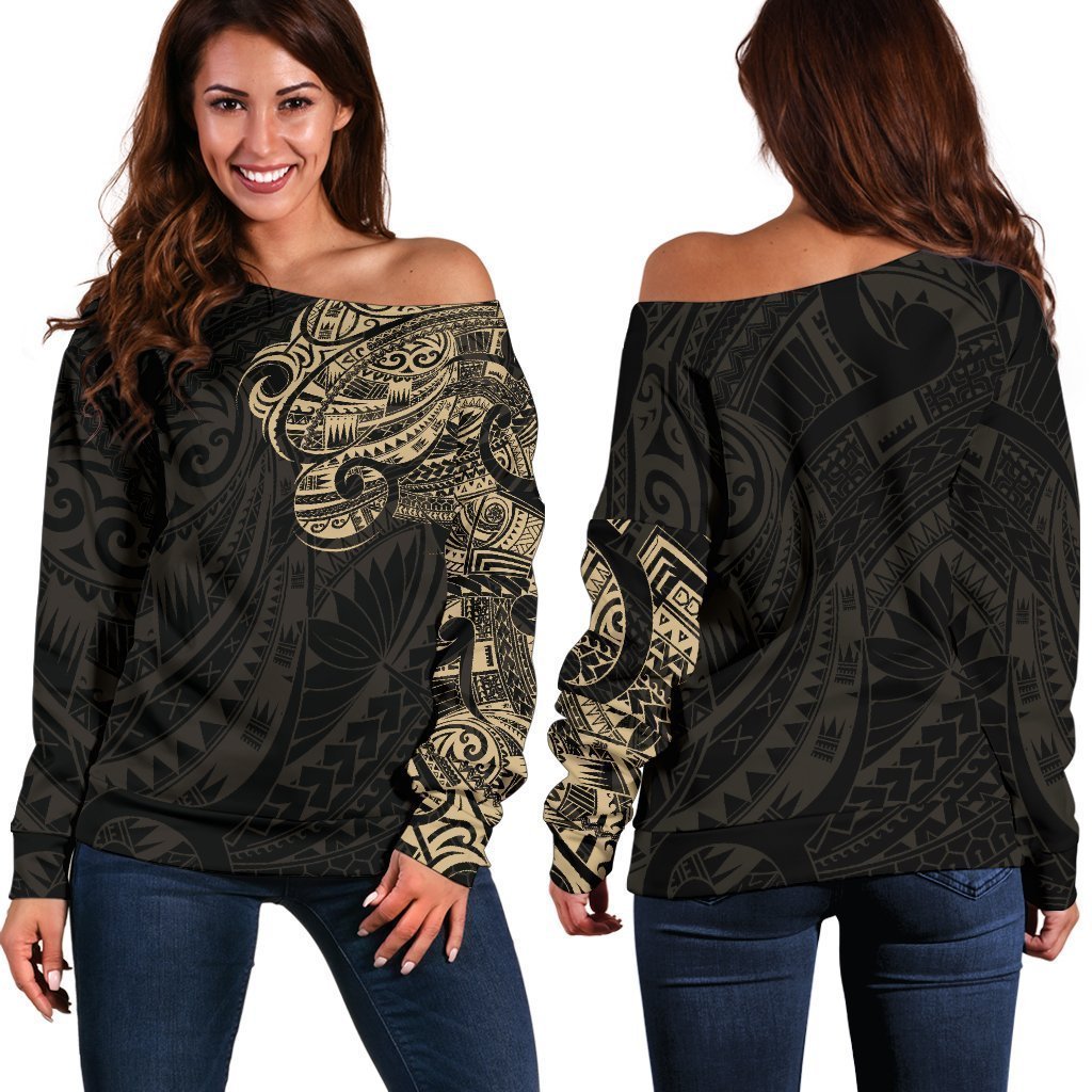 Maori Tattoo Style Off Shoulder Sweater - White Version A74-WOMENS OFF SHOULDER SWEATERS-HD09-Women's Off Shoulder Sweater - .-2XS-Vibe Cosy™
