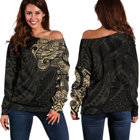 Maori Tattoo Style Off Shoulder Sweater - White Version A74-WOMENS OFF SHOULDER SWEATERS-HD09-Women's Off Shoulder Sweater - .-2XS-Vibe Cosy™
