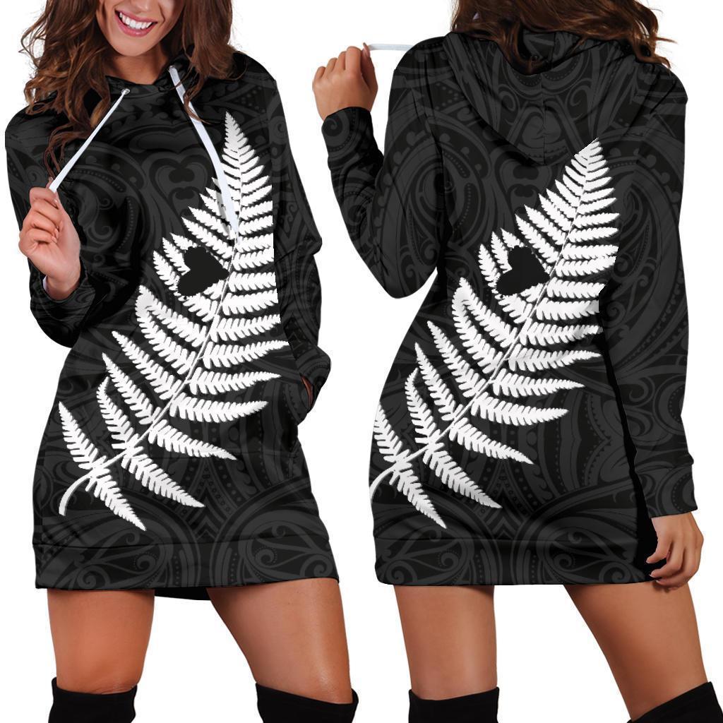 Maori Aotearoa Silver Fern - Heart Version Hoodie Dress K2-Apparel-HD09-Hoodie Dress-S-Vibe Cosy™