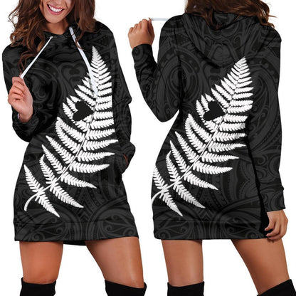 Maori Aotearoa Silver Fern - Heart Version Hoodie Dress K2-Apparel-HD09-Hoodie Dress-S-Vibe Cosy™