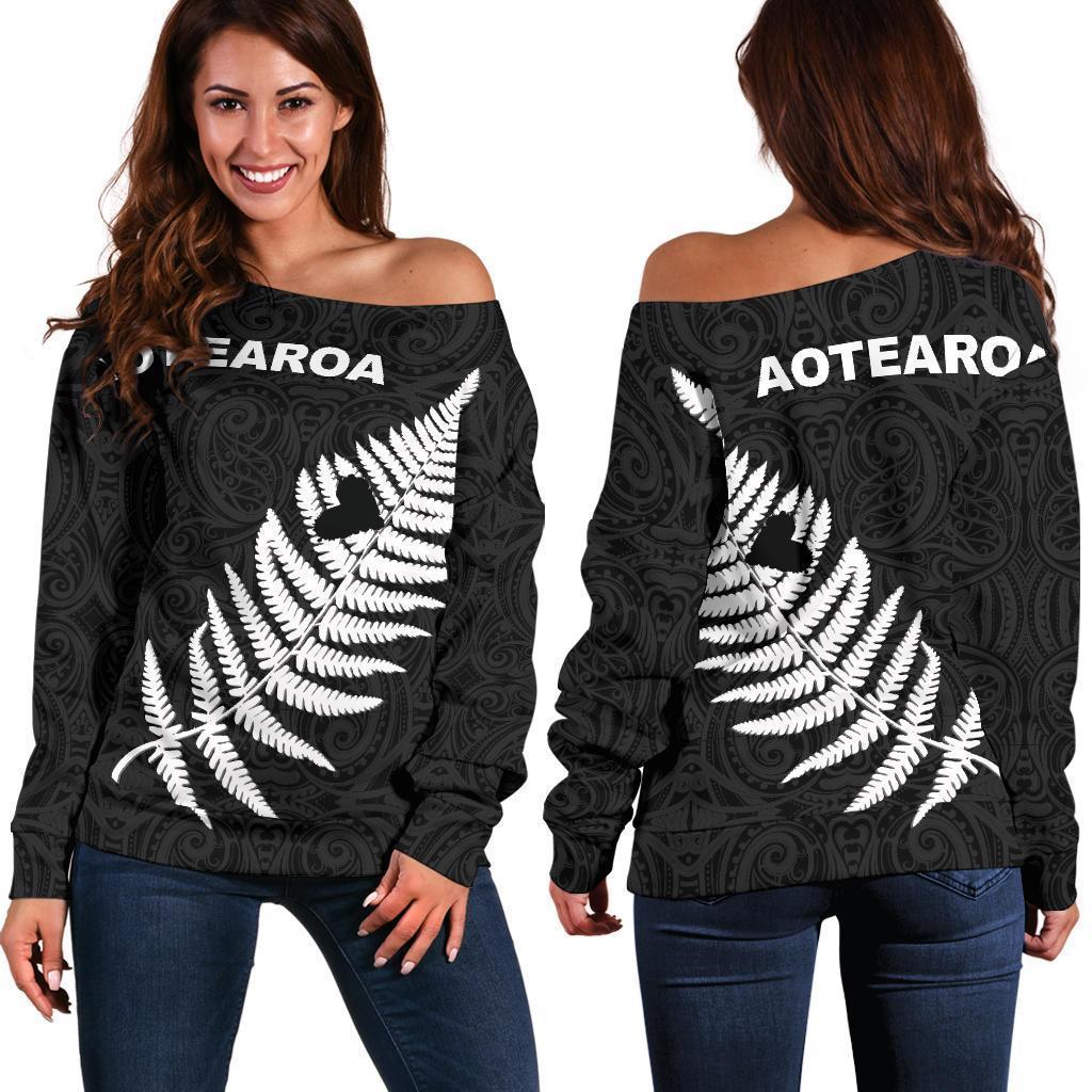 Maori Aotearoa Silver Fern - Heart Version Off Shoulder Sweater K2-WOMENS OFF SHOULDER SWEATERS-HD09-Women's Off Shoulder Sweater - .-2XS-Vibe Cosy™
